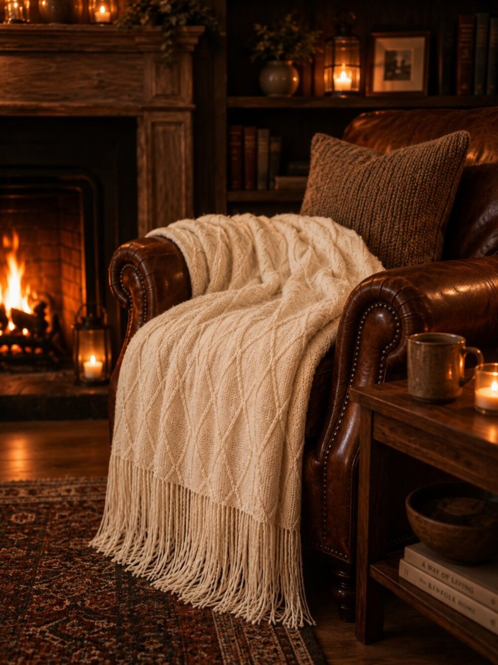 Oversized Cream Ivory Knit Throw Blanket with Fringe | Diamond Textured